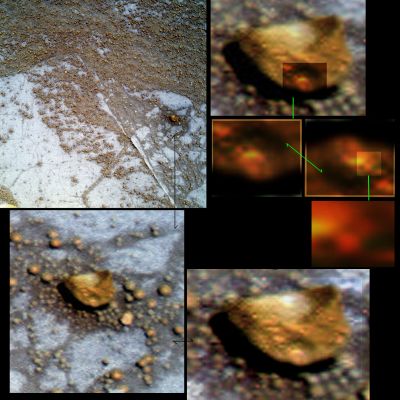 What are the "Berries" made of? (2 - possible Natural Colors; credits for the additional process. and color.: Dr Marco Faccin - Lunexit Team)
Queste le riflessioni del Dr Faccin.
Che dire? 
Per quanto attiene il fatto che le sferule "sembrano" essere immerse in qualcosa, noi diciamo che la sensazione del Dr Faccin potrebbe corrispondere a verità. Il "qualcosa" in cui esse potrebbero essere immerse è difficile da immaginare ma, razionalità e dati alla mano, noi ipotizziamo che si tratti di: 

1) polveri ultra-sottili (tipo talco), nelle quali gli oggetti, anche minuscoli, "affondano", oppure 
2) una micropellicola d'acqua la quale, in accordo a quanto supposto dalla NASA stessa, potrebbe formarsi sul suolo Marziano nelle ore più calde del giorno, per poi ghiacciare di notte.

Circa il colore (rosso, dice il Dr Faccin) di alcune microsferule (che sembrano "crescere" sulle sferule più grandi - e ci verrebbe da dire "più mature"...), non possiamo dire nulla. Il colore, infatti (ed in questi casi), è funzione del tipo di programma usato per la conversione del frame originale in b/n in frame a colori e, come ovvio, delle assunzioni che stanno alla base del programma stesso. 

Sulla Natura, infine, di alcune (pseudo)rocce, non possiamo far altro che ribadire quanto da noi già detto in passato ed oggi confermato dalle osservazioni del Dr Faccin: non è possibile escludere che alcuni rilievi Marziani (le "Sferule", su tutti) posseggano - almeno in parte - una matrice organica. 
Certo, questa (oggi) è Fantascienza (secondo gli Scienziati). 
Ma noi diciamo che su Marte, a quanto si sa, non è ancora andato nessun Essere Umano a controllare e verificare direttamente e "de visu" quello che c'è e quello che non c'è e quindi, se siete d'accordo, un minimo di possibilismo e di immaginazione, per altro supportate da qualche immagine MOLTO intrigante, non guastano...

Complimenti al Dr Faccin ed ora la parola a Voi!...
Parole chiave: Martian Surface - Martian Paving & Berries - Controversial