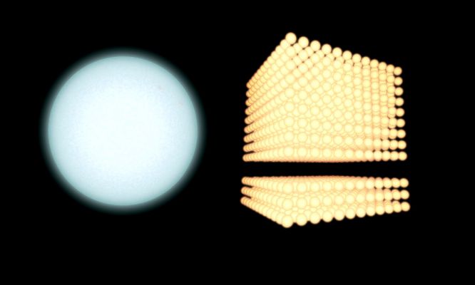 Space "Cube"
This drawing illustrates the extent to which astronomers have been underestimating the proportion of small to big stars in certain galaxies. Data from NASA's Galaxy Evolution Explorer Spacecraft and the Cerro Tololo Inter-American Observatory in Chile have shown that, in some cases, there can be as many as four times more small stars compared to large ones. 

In the drawing, a massive blue star is shown next to a stack of lighter, yellow stars. These big blue stars are 3 to 20 times more massive than our Sun, while the smaller stars are typically about the same mass as the Sun or smaller. 
Before the Galaxy Evolution Explorer study, astronomers assumed there were 500 small stars for every massive one (lower stack on right). The new observations reveal that, in certain galaxies, this estimation is off by a factor of four; for every massive star, there could be as many as 2000 small counterparts (such as the entire stack - the "Cube" - on the right).
Parole chiave: Drawings