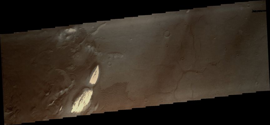 Bright Hills (?) in Ganges Chasma (Absolute Natural Colors; credits for the additional process. and color.: Dr Paolo C. Fienga - Lunexit Team)
Caption NASA:"This image shows a small portion of the Floor of Ganges Chasma. Visible in this image are Sand Dunes, a Sand Sheet with dune forms and eroded Bright Deposits".

Coord.: 8,4° South Lat. and 314,0° East Long.
Parole chiave: Mars from orbit - Hills - Ganges Chasma Region