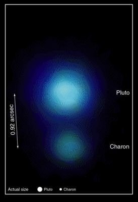 Pluto and Charon, from the Subaru Telescope
The excellent quality of its 8,3-meter primary mirror and the stability of the atmosphere above Mauna Kea, Hawaii, allowed the Subaru Telescope to provide clearly separated images of Pluto and Charon using its Cooled Infrared Spectrograph/Camera. 
This image is produced from three 2-second exposures taken through infrared filters on June 9, 1999.


Parole chiave: Pluto & Charon