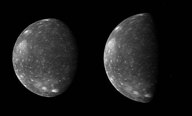 Callistus, from New Horizons
The New Horizons Long Range Reconnaissance Imager (LORRI) captured these two images of Jupiter's outermost large moon, Callisto, as the spacecraft flew past Jupiter in late February. 
New Horizons' closest approach distance to Jupiter was 2,3 MKM (about 1,4 MMs), not far outside Callisto's orbit, which has a radius of 1,9 MKM (about 1,2 MMs). However, Callisto happened to be on the opposite side of Jupiter during the spacecraft's pass through the Jupiter System, so these images, taken from 4,7 MKM (about 3 MMs) and 4,2 MKM (about 2,6 MMs) away, are the closest of Callisto that New Horizons obtained.
Callisto's ancient, crater-scarred surface makes it very different from its three more active sibling satellites, Io, Europa and Ganymede. Callisto, 4800 Km (about 3000 miles) in diameter, displays no large-scale geological features other than impact craters and every bright spot in these images is a crater. The largest impact feature on Callisto, the huge basin Valhalla, is visible as a bright patch at the 10 o'clock position. The craters are bright because they have excavated material relatively rich in water ice from beneath the dark, dusty material that coats most of the surface.

The two images show essentially the same side of Callisto - the side that faces Jupiter - under different illumination conditions. The images accompanied scans of Callisto's infrared spectrum with New Horizons' Linear Etalon Imaging Spectral Array (LEISA). 
The New Horizons Science Team designed these scans to study how the infrared spectrum of Callisto's water ice changes as lighting and viewing conditions change, and as the ice cools through Callisto's late afternoon. 
The infrared spectrum of water ice depends slightly on its temperature, and a goal of New Horizons when it reaches the Pluto system (in 2015) is to use the water ice features in the spectrum of Pluto's moon Charon, and perhaps on Pluto itself, to measure surface temperature. 
Callisto provided an ideal opportunity to test this technique on a much better-known body.

The left image, taken at 05:03 Universal Time on February 27, 2007, is centered at 5° South, 5° West, and has a Solar Phase Angle of 46°. The right image was taken at 03:25 Universal Time on February 28, 2007. It is centered at 4° South, 356° West, and has a Solar Phase Angle of 76°.
Parole chiave: Jupiter's Moons - Callistus