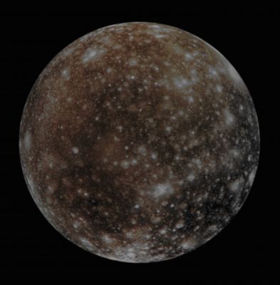 Approaching Callisto (Absolute Natural Colors; credits for the additional process. and color.: Dr Paolo C. Fienga/Lunar Explorer Italia/Italian Planetary Foundation)
Bright scars on a darker Surface testify to a long history of impacts on the Jovian moon Callisto, as it can be seen in this image obtained by the NASA - Galileo Spacecraft. The picture, taken in May 2001, is the only complete global Absolute Natural Color image of Callisto ever obtained by the NASA - Galileo Spacecraft, which orbited around Jupiter from December, 7, of the AD 1995 and until September 21, of the AD 2003, when the Spacecraft was destroyed during a controlled impact with Jupiter itself. 
Of Jupiter's 4 (four) largest moons (also known as the "Galilean Moons"), Callisto orbits farthest from the Giant Gas Planet. Furthermore, Callisto's Surface is uniformly cratered but, as you can see for yourself, is not uniform in color or brightness at all. At present day, Planetary Scientists believe that the brighter areas are mainly Ice while the darker ones should be made of highly eroded (and Ice-poor) Rocky Materials. 

This frame (which is an Original NASA - Galileo Spacecraft color frame published on the NASA - Planetary Photojournal with the ID n. PIA 03456) has been additionally processed and then re-colorized, according to an educated guess, by Dr Paolo C. Fienga (LXTT-IPF), in Absolute Natural Colors (such as the colors that a human eye would actually perceive if someone were onboard the NASA - Galileo Spacecraft and then looked outside, towards the Jovian moon Callisto), by using an original technique created - and, in time, dramatically improved - by the Lunar Explorer Italia Team. Different colors, as well as different shades of the same color, mean, among others, the existence of different Elements present on the Surface of Callisto, each having a different Albedo (---> Reflectivity) and Chemical Composition.
Parole chiave: Jovian Moons - Callisto