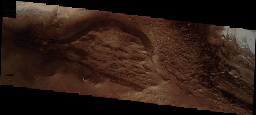 Candor Chasma (Natural Colors; credits: Lunar Explorer Italia)
Caption NASA:"This VIS image shows a small portion of the floor of Candor Chasma, just East of the North-South trending Baetis Mensa".

Coord.: 5,6° South Lat. and 287,8° East Long.
Parole chiave: Mars from orbit - Candor Chasma Region