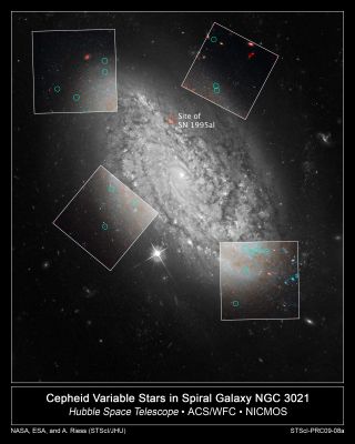 Refined Hubble Constant narrows possible explanations for Dark Energy
Whatever Dark Energy is, explanations for it have less wiggle room following a Hubble Space Telescope observation that has refined the measurement of the Universe's present Expansion Rate to a precision where the error is smaller than 5%. The new value for the Expansion Rate, known as the "Hubble Constant", or "H0" (after Edwin Hubble who first measured the expansion of the universe nearly a century ago), is 74,2 Km-per-second-per-megaparsec (with an error margin of ± 3,6). 

The results agree closely with an earlier measurement gleaned from Hubble of 72 ± 8 km/sec/megaparsec, but are now more than twice as precise.
The Hubble measurement, conducted by the SHOES (Supernova H0 for the Equation of State) Team and led by Adam Riess, of the Space Telescope Science Institute and the Johns Hopkins University, uses a number of refinements to streamline and strengthen the construction of a cosmic "Distance Ladder", a Billion LY in length, that astronomers use to determine the Universe's Expansion Rate.

Hubble observations of pulsating stars called "Cepheid Variables" in a nearby cosmic mile marker, the galaxy NGC 4258, and in the host galaxies of recent supernovae, directly link these distance indicators. The use of Hubble to bridge these rungs in the ladder eliminated the systematic errors that are almost unavoidably introduced by comparing measurements from different telescopes.
Riess explains the new technique: "It's like measuring a building with a long tape measure instead of moving a yard stick end over end. You avoid compounding the little errors you make every time you move the yardstick. The higher the building, the greater the error".
Lucas Macri, professor of physics and astronomy at Texas A&M, and a significant contributor to the results, said, "Cepheids are the backbone of the distance ladder because their pulsation periods, which are easily observed, correlate directly with their luminosities. Another refinement of our ladder is the fact that we have observed the Cepheids in the Near-InfraRed parts of the electromagnetic spectrum where these variable stars are better distance indicators than at optical wavelengths."

This new, more precise value of the Hubble Constant was used to test and constrain the properties of Dark Energy, the form of energy that produces a repulsive force in space, which is causing the expansion rate of the Universe to accelerate.
By bracketing the expansion history of the universe between today and when the universe was only approx. 380.000 years old, the astronomers were able to place limits on the nature of the Dark Energy that is causing the expansion to speed up. 
(The measurement for the far, early universe is derived from fluctuations in the Cosmic Microwave Background (---> Radiazione di Fondo), as resolved by NASA's Wilkinson Microwave Anisotropy Probe, WMAP, in 2003.)

Their result is consistent with the simplest interpretation of Dark Energy: that it is mathematically equivalent to Albert Einstein's hypothesized Cosmological Constant, introduced a century ago to push on the fabric of space and prevent the Universe from collapsing under the pull of gravity. (Einstein, however, removed the Constant once the expansion of the universe was discovered by Edwin Hubble.)

"If you put in a box all the ways that Dark Energy might differ from the Cosmological Constant, that box would now be 3 times smaller", says Riess. "That's progress, but we still have a long way to go to pin down the nature of Dark Energy".

Though the cosmological constant was conceived of long ago, observational evidence for Dark Energy didn't come along until 11 years ago, when two studies, one led by Riess and Brian Schmidt of Mount Stromlo Observatory, and the other by Saul Perlmutter of Lawrence Berkeley National Laboratory, discovered Dark Energy independently, in part with Hubble observations. Since then astronomers have been pursuing observations to better characterize Dark Energy.
Riess's approach to narrowing alternative explanations for Dark Energy — whether it is a static Cosmological Constant or a dynamical field (like the repulsive force that drove inflation after the Big Bang) — is to further refine measurements of the Universe's expansion history.

Before Hubble was launched in 1990, the estimates of the Hubble Constant varied by a factor of two. In the late 1990s the Hubble Space Telescope Key Project on the Extragalactic Distance Scale refined the value of the Hubble constant to an error of only about 10%. This was accomplished by observing Cepheid variables at optical wavelengths out to greater distances than obtained previously and comparing those to similar measurements from ground-based telescopes.
The SHOES team used Hubble's Near Infrared Camera and Multi-Object Spectrometer (NICMOS) and the Advanced Camera for Surveys (ACS) to observe 240 Cepheid variable stars across 7 galaxies. One of these galaxies was NGC 4258, whose distance was very accurately determined through observations with radio telescopes. The other 6 galaxies recently hosted Type Ia Supernovae that are reliable distance indicators for even farther measurements in the Universe. 
Type Ia Supernovae all explode with nearly the same amount of energy and therefore have almost the same intrinsic brightness.

By observing Cepheids with very similar properties at Near-InfraRed wavelengths in all 7 galaxies and using the same telescope and instrument, the team was able to more precisely calibrate the luminosity of Supernovae. 
With Hubble's powerful capabilities, the team was able to sidestep some of the shakiest rungs along the previous Distance Ladder involving uncertainties in the behavior of Cepheids. Riess would eventually like to see the Hubble constant refined to a value with an error of no more than 1%, to put even tighter constraints on solutions to Dark Energy.
Parole chiave: From Space Images - Hubble Space Telescope (HST) Images