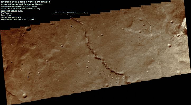 Dry Riverbed and a possible Skylight (or an EXTREMELY fresh Impact Crater) between Coracis Fossae and Bosporos Planum (CTX Frame - Natural Colors; credits: Lunexit)
nessun commento
Parole chiave: Mars from orbit - Channel - Coracis Fossae - Bosporos Planum