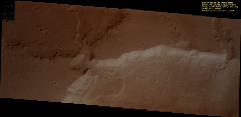 Channels in Arabia Terra (Natural Colors; credits: Lunexit)
This VIS image shows two channels entering an Unnamed Crater in the Arabia Terra Region of mars. 
The Northern Channel has formed a Delta Deposit on the Floor of the Crater.

Parole chiave: Mars from orbit - Channels - Arabia Terra Region