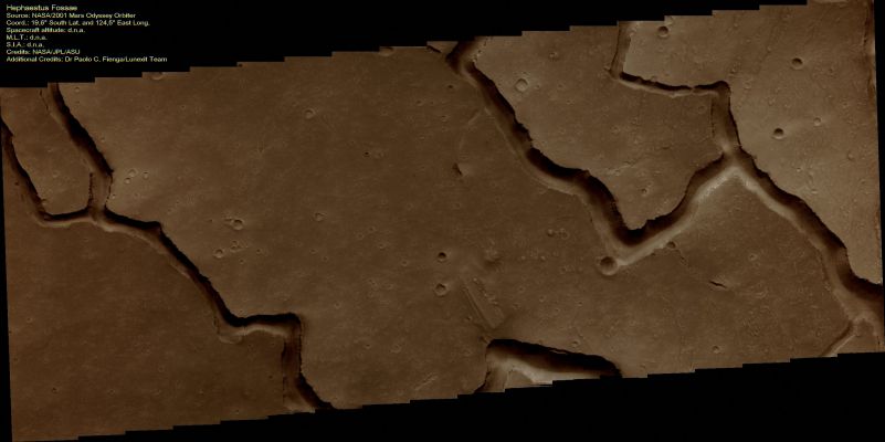 Hephaestus Fossae (Natural Colors; credits: Dr Paolo C. Fienga - Lunexit Team)
The Channels visible in this VIS image are called "Hephaestus Fossae" and were most likely formed by Lava Flows and Eolian Erosion, rather than Water Erosion.

Parole chiave: Mars from orbit - Hephaestus Fossae