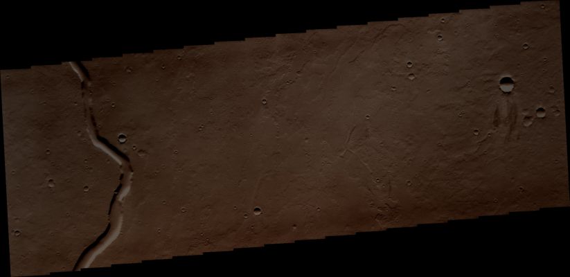 Rhabon Valles (Absolute Natural Colors; credits for the additional process. and color.: Dr Paolo C. Fienga - Lunexit Team)
Orbit Number: 38890 
Latitude (centered): 20,395°
Longitude (East): 267,237°
Instrument: VIS 
Captured: September, 20th, 2010
Mars Local Time: 13:01 (early afternoon)
Parole chiave: Mars from orbit - Channels - Tharsis Region