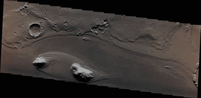 Streamlined Island in Marte Vallis (Absolute Natural Colors; credits for the additional process. and color.: Dr Paolo C. Fienga - Lunar Explorer Italia/Italian Planetary Foundation)
Today's APOD is a frame taken by the NASA - Mars Odyssey Orbiter which shows us a so-called "Streamlined Island" that formed in the Northern Channel known as Marte Vallis. This Martian Channel is about 185 Km long and it has been identified as an Outflow Channel, carved in a quite distant geological past by the action of catastrophic releases of Water from Aquifers existing beneath the Martian Surface.

Orbit Number: 47605
Latitude: 12,4105° North 
Longitude: 182,426° East 
Instrument: VIS 
Captured: September, 6th, 2012

This frame (which is an Original Mars Odyssey Orbiter b/w frame published on the NASA - Planetary Photojournal with the ID n. PIA 16507) has been additionally processed and then colorized in Absolute Natural Colors (such as the colors that a human eye would actually perceive if someone were onboard the NASA - Mars Odyssey Orbiter and then looked down, towards the Surface of Mars), by using an original technique created - and, in time, dramatically improved - by the Lunar Explorer Italia Team.
Parole chiave: Mars from orbit - Channels - Marte Valles
