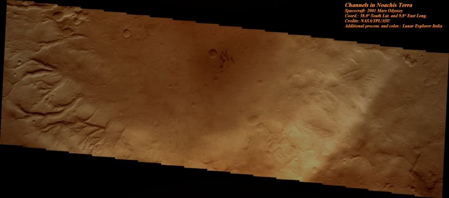 Unnamed Channel in Noachis Terra (Natural Colors/Tri-Chromatic Version; credits: Dr Paolo C. Fienga - Lunexit Team)
Caption NASA:"Numerous Channels dissect the Inner Rim of this Unnamed Crater in Noachis Terra. Several small, dark dunes are located in the center of the Crater".

Coord.: 38,0° South Lat. and 9,8° East Long.
Parole chiave: Mars from orbit - Channels - Noachis Terra