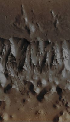 Landslide in Aurorae Chaos (Natural Colors; credits for the additional process. and color.: Dr Paolo C. Fienga - Lunexit Team)
Image information: VIS instrument;
Latitude: 6,7° South Lat.;
Longitude: 328,8° East;
Resolution: 18 meter/pixel. 
Parole chiave: Mars from orbit - Chaotic Terrain - Aurorae Chaos