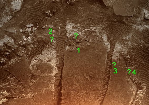Unusual Surface Features in Aram Chaos (EDM - False Colors)
Rilievo n. 1: il "Triangolo Isoscele". Probabilmente un'ombra o (più verosimilmente) un collapse pit o, comunque, un'area depressa: l'immagine MGS è, purtroppo, di qualità molto scarsa ed i nostri tentativi di migliorarla sono inevitabilmente produttivi di image-artifacts i quali, alla fine, confondono ancora di più le idee. Comunque sia, non abbiamo elementi per congetturare una possibile origine "non naturale" del dettaglio;

Rilievo n. 2: le (gigantesche, dato che risultano visibili da grandi altezze) "Dune Rigide" (o "Ripples") che attraversano questa Regione, come ben si vede nel frame in oggetto (ed anche senza magnificarlo), vista la facilità che hanno nel passare da aree "piatte" ad aree "elevate" rispetto al Datum" (modeste colline o dossi, ad esempio) senza modificare la loro struttura - sostanzialmente liscia e lineare -, diremmo che assomigliano di più a dei veri e propri "ponti" (i famosi "Bridges of Aram Chaos", dopo quelli di Becquerel Crater, se volete), piuttosto che a meri accumuli di sabbie e polveri dapprima rappresi (dal freddo) e poi modellati (scolpiti) dall'azione dei Venti Marziani. 
Ponti, ovviamente, di origine assolutamente naturale ma di matrice "discutibile"...;

Rilievo n. 3: un "ponte" ricurvo e ad albedo elevata, COMPLETAMENTE incongruo rispetto al panorama al quale accede (per la NASA, si ribadisce, si tratta sempre e solo di Ripples, ma NESSUNO - alla NASA... - ha spiegato come delle semplici Dune Rigide potrebbero arrivare a configurarsi in questo modo...);

Rilievo n. 4: un altro "ponte" ricurvo e ad albedo elevatissima che sembra "emergere" dal sottosuolo e sulla cui origine si potrebbe discutere (restando "a tavolino") per un secolo e mezzo senza arrivare assolutamente a nulla.

Morale: la Regione di Aram Chaos (e qui l'attribuzione della caratterizzazione "Chaos" ci appare quanto mai appropriata) costituisce un autentico Paradiso di (possibili) Anomalìe. 
Ma la domanda essenziale (che rivolgiamo a noi stessi ed a Voi) era ed è sempre la stessa ed è solo una: quali di queste possibili Anomalìe sono effettivamente tali e quante, invece, sono il prodotto di illusioni ottiche determinate dalla distanza e dall'angolo di ripresa? 

Il che vuol dire, in breve: prima di provare anche solo a domandarci "che Natura potrebbe avere il rilievo che vediamo?", è sempre meglio cercare di capire se esso ESISTE DAVVERO oppure se si tratta solo del prodotto di un inganno ottico determinato da elementi oggettivi, reali e, per l'Osservatore, insormontabili (altezza, angolo slant del particolare ripreso, condizioni di illuminazione locale, risoluzione e definizione del frame etc.).

Tutto ciò premesso, agendo sulla base della nostra competenza ed esperienza, possiamo dire questo: la Regione di Aram Chaos presenta, effettivamente, delle Caratterizzazioni Locali ASSOLUTAMENTE peculiari e di difficile (o impossibile) spiegazione. Si potrebbe trattare di molte cose diverse ed eccezionali, oppure di nulla di speciale: noi non lo sappiamo. Quello che sappiamo, è che solo l'analisi pragmatica e razionale (e NON pre-orientata) dei dati - ivi: le immagini - ci può aiutare a capire qualcosa di quello che osserviamo. 
Ma la certezza (QUALSIASI certezza) potrà arrivare solo andando in loco.

Operando al di fuori di questo "range di razionalità" - credeteci - si "naviga a vista" in un oceano di congetture, illazioni, speculazioni e bufale vere e proprie (e che Hoagland & Compagnia Bella ci perdonino...).
Parole chiave: Mars from orbit - Unusually shaped Landforms in Aram Chaos