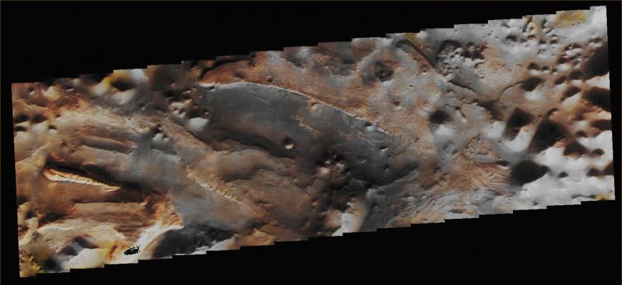 Features of Aureum Chaos (Extremely Enhanced Natural Colors; credits for the additional process. and color.: Dr Paolo C. Fienga - Lunexit Team)
Note: the THEMIS VIS camera is capable of capturing color images of the Martian Surface using 5 different color filters. In this mode of operation, the spatial resolution and coverage of the image must be reduced to accommodate the additional data volume produced from using multiple filters. To make a color image, 3 of the 5 filter images (each in grayscale) are selected. Each is contrast enhanced and then converted to a red, green, or blue intensity image. 
These 3 images are then combined to produce a full color, single image BUT, since the THEMIS color filters DO NOT span the full range of colors seen by the human eye, a color THEMIS image DOES NOT represent true color. Also, because each single-filter image is contrast enhanced before inclusion in the 3-color image, the apparent color variation of the scene is exaggerated. Nevertheless, the color variation that does appear is representative of some change in color, however subtle, in the actual scene. The long edges of THEMIS color images typically contain color artifacts that do not represent or imply actual Surface Variations.

Image information: VIS instrument;
Latitude 3,6° South;
Longitude 332,9° East (such as 27,1° West);
Resolution: 35 meter/pixel.
Parole chiave: Mars from orbit - Chaotic Terrain - Aureum Chaos