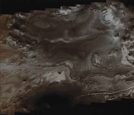Features of Iani Chaos (Natural Colors; credits for the additional process. and color: Dr Paolo C. Fienga - Lunexit Team)
Original caption:"This VIS image of Iani Chaos shows the Layered Deposit that occurs on the Floor. It appears that the layers were deposited after the chaos was formed. 

Image information: VIS instrument;
Latitude: 2,3° South;
Longitude: 342,3° East:
Resolution: 17 meter/pixel.

Parole chiave: Mars from orbit - Chaotic Terrain - Iani Chaos