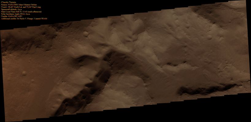 Channel inside Chaotic Terrain, N/W of Nili Fossae (Natural Colors; credits for the additional process. and color.: Dr Paolo C. Fienga - Lunexit Team)
Caption NASA:"On Mars, the term 'Chaos Terrain' is given to Regions where areas of the Surface are broken up into multiple Mesas divided by low Valleys. 
Channels in Regions of Chaos indicate that fluids played a part in the formation of these Regions. 

This VIS image shows a Channel within a Region of Chaos, North-West of Nili Fossae".
Parole chiave: Mars from orbit - Chaos Terrain - N/W of Nili Fossae
