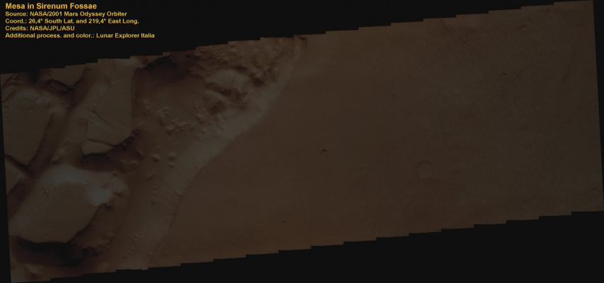 Mesa in Sirenum Fossae (natural Colors; credits: Lunar Exploter Italia)
nessun commento
Parole chiave: Mars from orbit - Sirenum Fossae Region