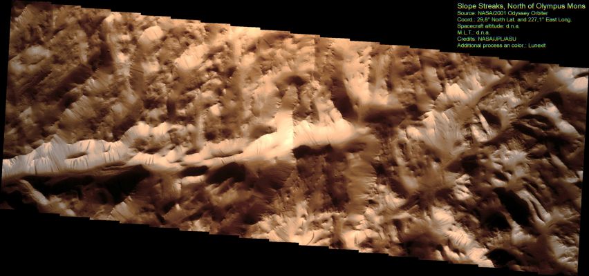 Slope Streaks (Enhanced and Saturated Natural Colors; credits for the additional process. and color.: Dr Paolo C. Fienga - Lunexit Team)
nessun commento
Parole chiave: Mars from orbit - Slope Streaks