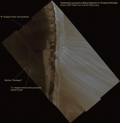 Chasma Boreale: the Martian "Pentagon" and other unusual surface features (1)
Un modestissimo esempio (si fa per dire...) di Anomalìa di Superficie sul Pianeta Rosso: siamo nella Regione conosciuta come Chasma Boreale. Un frame bello, senza dubbio, ma privo di interesse. 
Privo di interesse?!? Ne siamo/siete certi?!? 
Ma no, certo che no! Basta un minimo di "occhio" e di attenzione, infatti, per scoprire alcuni rilievi che non hanno davvero nulla di usuale e che, quindi, sono interessanti per definizione. 
Eccoli qui (dall'alto in basso):

1) un doppio cratere da doppio impatto (...sic...) - a forma di "8" - con/su "piedistallo";
2) un cratere a forma PENTAGONALE (quasi) REGOLARE e
3) un rilievo ad ANGOLO RETTO (che abbiamo definito "L-shaped") all'interno di un altro cratere.

Ora, a noi vanno bene gli Scrittori di Fantascienza (tipo Hoagland e Discepoli) i quali vedono manufatti ed artificialità ovunque, però ci sorprende che questi "Fenomeni" non riescano a vedere delle Anomalìe di simile portata! Insomma: costoro vedono le "pagliuzze", ma NON VEDONO LE TRAVI!!!
Certo, parlare di "piramidi" ed altre scemenze simili fa audience&business, siamo d'accordo. Ma allora - per favore - smettetela di dire che "cercate la Verità"! 
La Verità è che di rilievi (a dir poco) anomali, su Marte (e non solo), ce ne sono migliaia e non si tratta, purtroppo per Voi, delle solite "facce" e delle immancabili "piramidi". Si tratta di rilievi i quali FANNO A PUGNI con la Geologia Convenzionale, le Meccaniche da impatto e tanti altri precetti della Scienza Consolidata. Quella Scienza che viene usata solo quando fa comodo e solo da coloro che possono disporre del supporto di mezzi di comunicazione di massa.

Volete parlare di Anomalìe Marziane? Guardate questo frame ed il successivo detail mgnf! Non c'è bisogno di Cydonia & dintorni (o delle pseudo-fotografie ESA) per porsi delle domande "intelligenti, affascinanti ed indiscrete"...
Parole chiave: Mars from orbit - North Polar Features - Extremely Controversial Surface Feature
