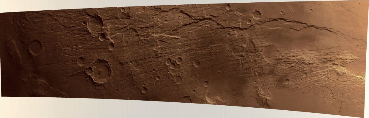 Frame H0563_0000_ND2: Claritas Fossae Region
Caption ESA:"This scene shows the Region of Claritas Fossae, about 150 Km wide in the North and approx. 550 Km wide in the South, about 1200 Km in length, and centered at - approx. - 253° East Long. and 32° South Lat. The Linear Fractures of Claritas Fossae have widths ranging from a few Km up to about 100".
Parole chiave: Mars from orbit - Claritas Fossae Region