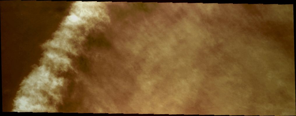 Clouds over Vastitas Borealis (Enhanced Natural Colors; credits for the additional process. and color.: Dr Paolo C. Fienga - Lunar Explorer Italia)
Caption NASA:"Dust Clouds often can obscure the Surface of Mars. When an image captures the edge of a Dust Storm Front, the loss of surface information is more than compensated for by the information that can be gleaned from analysis of the image. 
As Dust Storm formation and location are unpredictable, any images of such features are priceless".

Coord.: 66,2° North. Lat. and 248,7° East Long.
Parole chiave: Mars from orbit - Dust Clouds