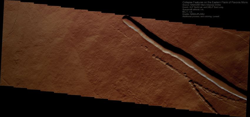 Channel on Pavonis Mons (Natural Colors; credits for the additional process. and color.: Dr Paolo C. Fienga - Lunexit Team)
nessun commento
Parole chiave: Mars from orbit - Channels - Pavonis Mons' Flank