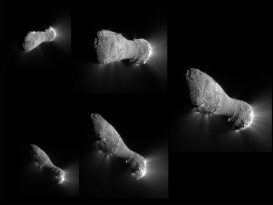 Comet "Hartley 2" (an Image-Mosaic by NASA, JPL-Caltech, UMD, EPOXI Mission)
Da "NASA - Picture of the Day" del giorno 5 Novembre 2010:"Follow these 5 frames clockwise starting from the top left to track the view from the EPOXI Mission Spacecraft as it approached, passed under, and then looked back at the nucleus of comet Hartley 2 on November 4. 
Its closest approach distance was about 700 Km. In fact, this encounter was the 5th time a spacecraft from planet Earth has imaged a comet close-up. But Hartley 2's Nucleus is definitely the smallest one so far, its long axis spanning only about 2 Km (such as approx. 1,2 miles). 
Though Hartley 2 is small, these stunning images showing Jets of Dust and Gas indicate an impressively active surface. The Jets are seen originating from the rough surface areas, with Sunlight illuminating the Nucleus from the right. Remarkably, rough areas at both ends of the elongated Nucleus are joined by a narrower, smooth waist. 
The EPOXI mission reuses the Deep Impact Spacecraft that launched a probe impacting the Nucleus of comet Tempel 1 in 2005".
Parole chiave: Comets - Hartley 2