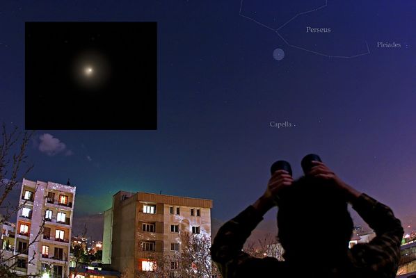 Comet 17-P-Holmes
Caption NASA, da "NASA - Picture of the Day" del 26 Ottobre 2007:"Comet 17 P-Holmes stunned comet watchers across planet Earth earlier this week. 
On October 24th, 2007, it increased in brightness over half a million times in a matter of hours. The outburst transformed it from an obscure and faint comet quietly orbiting the Sun with a period of about 7 years to a naked-eye comet rivaling the brighter stars in the constellation of Perseus. Recorded on that date, this view from Teheran, Iran, highlights the comet's (enhanced and circled) dramatic new visibility in urban skies. 
The inset (left) is a telescopic image from a backyard in Buffalo, New York showing the comet's greatly expanded coma, but apparent lack of a tail. Holmes' outburst could be due to a sudden exposure of fresh cometary ice or even the breakup of the comet nucleus. The comet may well remain bright in the coming days".
Parole chiave: From Earth Images - Amatorial Images