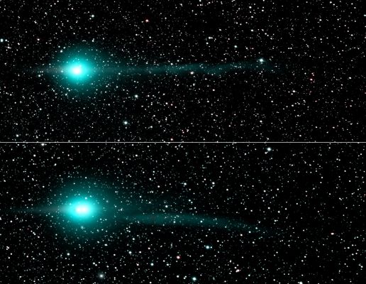 Still Comet Lulin
Da "NASA - Picture of the Day" del giorno 7 Febbraio 2009:"Sweeping through the Inner Solar System, Comet Lulin is easily visible in both Northern and Southern Hemispheres with binoculars or a small telescope. Recent changes in Lulin's lovely greenish Coma and Tails are featured in this two panel comparison of images taken on January 31st (top) and February 4th, 2009. 
Taken from dark New Mexico Skies, the images span over 2°. In both views the comet sports an apparent Anti-Tail at the left - the comet's Dust Tail appearing almost edge on from an earth-based perspective as it trails behind in Lulin's orbit. 
Extending to the right of the coma, away from the Sun, is the beautiful Ion Tail. Remarkably, as captured in the bottom panel, Comet Lulin's Ion Tail became disconnected on February 4, likely buffeted and torn away by magnetic fields in the Solar Wind. 
In 2007 NASA satellites recorded a similar disconnection event for Comet Encke. Don't worry, though: comet tails can grow back".
Parole chiave: Comets