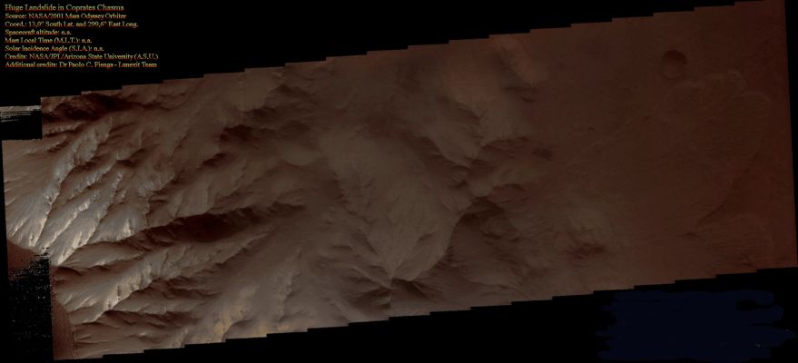Huge Landslied in Coprates Chasma (Enhanced Absolute Natural Colors; credits for the additional process. and color.: Elisabetta Bonora and Paolo C. Fienga - Lunexit Team)
nessun commento
Parole chiave: Mars from orbit - Landslides - Coprates Chasma Region