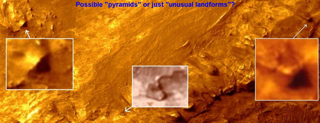 Unusual Landforms or...Something more?!?
Un ottimo lavoro di osservazione ed estrapolazione realizzato dal nostro caro Amico e Socio Lorenzo Leone ci riporta ad una (ormai) annosa e vexata questione: alcuni rilievi di Marte, nella loro "stranezza", restano rilievi naturali o si tratta di remnants di strutture artificiali?
Voi, cari Amici, la nostra posizione la conoscete; ma per questa volta - e diremmo con buona ragione - ci piace citare Lorenzo:"...Prendendo in esame una delle ultime immagini pubblicate, Coprates Labes, mi sono voluto divertire analizzandola nel tentativo di catturare le forme più strane (e sicuramente più fantasiose), ma di sicuro interesse. 
Le immagini parlano da sole: abbiamo 2 possibili piramidi ed un "fortino".
Un gioco di luci ombre, aiutato da oggetti particolari, ma fantasticare e analizzare non nuoce certamente.
Ed è certo che Marte, almeno per me, riesce sempre a stupire...".

E noi condividiamo al 100%!
Parole chiave: Mars from orbit - Coprates Labes (Valles Marineris) - Controversial
