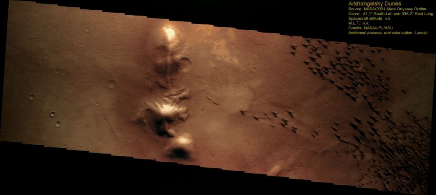 The Dunes of Arkhangelsky Crater (Darkened Natural Colors; credits for the additional process. and color.: Dr Paolo C. Fienga - Lunexit Team)
nessun commento
Parole chiave: Mars from orbit - Craters - Arkhangelsky Crater