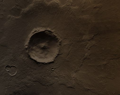 Bacolor Crater (Absolute Natural Colors; additional process. and color.: Dr Paolo C. Fienga - Lunexit Team)
Caption NASA:"Bacolor Crater is a magnificent Impact Surface Feature about 20 Km (approx. 12 miles) wide. The lines on the Ejecta Blanket surrounding the Crater rim come from a surge of superheated gas and debris flying outward in the wake of the Meteorite impact that created the Crater.

This view combines images taken during the period from September 2002 to October 2005 by the Thermal Emission Imaging System instrument on NASA's Mars Odyssey orbiter. It is part of a special set of images marking the occasion of Odyssey becoming the longest-working Mars Spacecraft in history. 
The pictured location on Mars is 33° North Lat. and 118,6° East Long.".
Parole chiave: Mars from orbit - Craters - Bacolor Crater