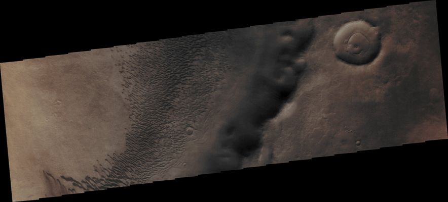 The Dunes of Brashear Crater (Absolute Natural Colors; credits for the additional process. and color.: Dr Paolo C. Fienga/Lunar Explorer Italia/Italian Planetary Foundation)
Orbit Number: 48153
Latitude (centered): 53,3619° South
Longitude (East): 240,455°
Instrument: VIS 
Captured: October, 22nd, 2012
Parole chiave: Mars from orbit - Craters - Brashear Crater