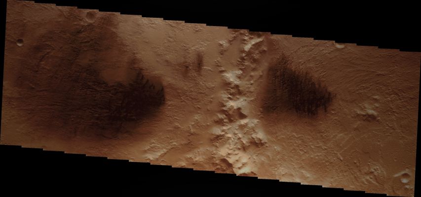 Dunes within Du Martheray Crater (Natural Colors; credits for the additional process. and color.: Dr Paolo C. Fienga - Lunar Explorer Italia)
Caption NASA:"This VIS image shows the Northern part of Du Martheray Crater and the smaller crater on its Rim. Both craters have floor features showing evidence of both wind erosion and wind deposition. The small, dark sand dunes are easily seen against the brighter eroded background".

Coord.: 5,8° North Lat. and 94,0° East Long.

Parole chiave: Mars from orbit - Craters - Du Martheray Crater