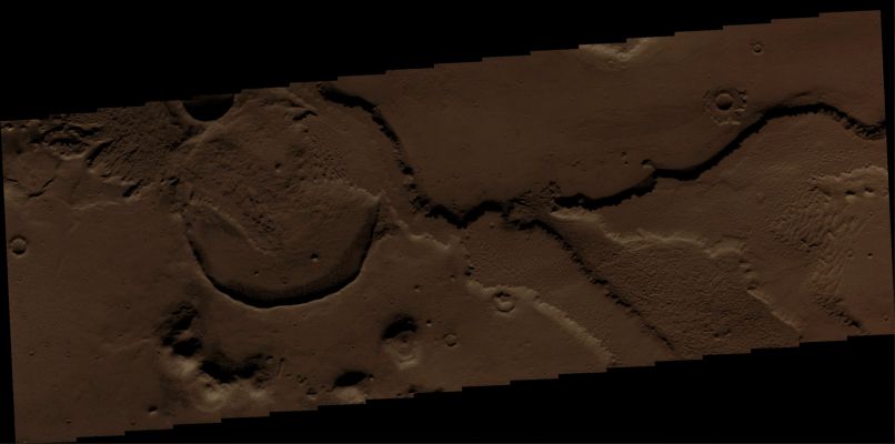 Exhumed Craters in Amazonis Planitia (Darkened Absolute Natural Colors; credits for the additional process. and color.: Dr Paolo C. Fienga - Lunexit Team)
Caption NASA originale:"The exhumation of craters, such as the uncovering of old craters hidden from view by younger surface material, is common in many Regions of Mars. This Unnamed Crater and its covering material are located in Amazonis Planitia".

Coord.: 3,7° North Lat. and 194,9° East Long.
Parole chiave: Mars from orbit - Craters - Unnamed Exhumed Crater in Amazonis Planitia Region