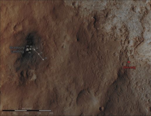 Curiosity Traverse Map through Sol 29 (Absolute Natural Colors; credits for the additional process. and color.: Dr Paolo C. Fienga/Lunar Explorer Italia/Italian Planetary Foundation)
Caption NASA:"This Map shows the route driven by NASA's Mars rover Curiosity through the 29th Martian Day, or Sol, of the Rover's Mission on Mars (such as September 4, 2012). The route starts where the Mars Science Laboratory Spacecraft placed the Rover, a Site subsequently named "Bradbury Landing". The line extending toward the right (---> Eastward) from Bradbury Landing is the Rover's Path. Numbering of the dots along the line indicate the Sol number of each drive. North is up. The scale bar is 200 meters (656 feet).
By Sol 29, Curiosity had driven at total of 358 feet (such as 109 meters). At the location reached by the Sol 29 drive, the Rover began several Soles of Arm Characterization Activities. The "Glenelg Area", which is farther East, is the mission's first Major Science Destination, selected as likely to offer a good target for Curiosity's first analysis of powder collected by drilling into a Rock".
Parole chiave: Mars from orbit - Craters - Gale Crater