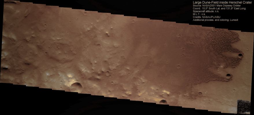 Dunefield inside Herschel Crater (Absolute Natural Colors; credits for the additional process. and color.: Dr Paolo C. Fienga - Lunexit Team)
nessun commento
Parole chiave: Mars from orbit - Craters - Herschel Crater