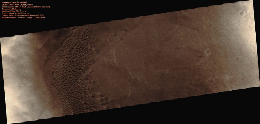 The Large Dunefield inside Hussey Crater (Enhanced Absolute Natural Colors; credits for the additional process. and color.: Dr Paolo C. Fienga - Lunexit Team)
nessun commento
Parole chiave: Mars from orbit - Craters - Hussey Crater