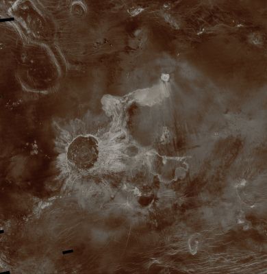 Isabella Crater (possible Natural Colors; credits: Dr Paolo C. Fienga - Lunexit Team)
Crater Isabella, with a diameter of approx. 175 Km (such as about 108 miles), seen in this MRI (Magellan Radar Image), is the second largest Impact Crater on Venus. 

The feature is named in honor of the 15th Century Queen of Spain, Isabella of Castile. Located at 30° South Latitude and 204° East Longitude, the Crater has two extensive flow-like structures extending to the South and to the S/E. 
The end of the Southern Flow partially surrounds a pre-existing 40 Km (approx. 25 mile) circular Volcanic Shield. 
The South-Eastern Flow shows a complex pattern of Channels and Flow Lobes, and is overlain at its South-Eastern tip by deposits from a later approx. 20 Km (about 12 mile) diameter Impact Crater, Cohn (for Carola Cohn, Australian artist, 1892-1964). 

The extensive Flows, unique to Venusian Impact Craters, are a continuing subject of study for a number of Planetary Scientists. It is thought that the Flows may consist of "Impact Melt", suc as rock melted by the intense heat released in the impact explosion. An alternate hypothesis invokes "Debris Flows", which may consist of clouds of hot gases and both melted and solid rock fragments that race across the landscape during the impact event. 

That type of Emplacement Process is similar to that which occurs in violent eruptions on Earth, such as the 1991 Mount Pinatubo eruption in the Philippines.
Parole chiave: Venus from orbit - Craters - Isabella Crater