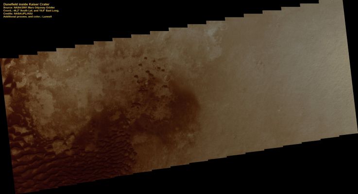 Kaiser Crater (Natural Colors; credits: Lunexit)
nessun commento
Parole chiave: Mars from orbit - Craters - Kaiser Crater