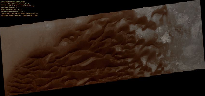 Dunefield inside Kaiser Crater (Absolute Natural Colors; credits for the additional process. and color.: Dr Paolo C. Fienga - Lunexit Team)
nessun commento
Parole chiave: Mars from orbit - Dunes inside Kaiser Crater