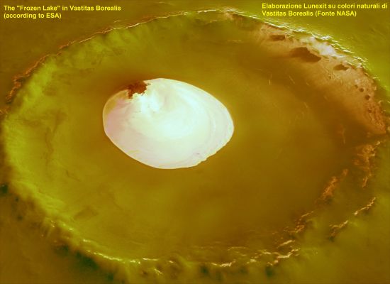 The misterious "Frozen Lake" of Vastitas Borealis (2 - False Colors; credits for the additional process. and color.: Lunar Explorer Italia)
Noi non sappiamo se i riflessi color verde ed azzurro che cogliamo nelle immagini telescopiche di Marte (sia ottenute da Terra, sia dallo Spazio - via HST ad esempio) sìano il prodotto di mere aberrazioni cromatiche o se essi possano effettivamente costituire l'evidenza tangibile, rispettivamente, di forme di vegetazione indigena e/o di acque correnti superficiali.

Quello che sappiamo è che non possiamo - semplicemente - ignorare questi dati in sede di interpretazione "cromatica" delle immagini possedute, qualunque ne sia la fonte.

Questa "visione" (di fantasia, ma sino ad un certo punto...) del Lago Ghiacciato di Vastitas si riferisce alla tarda Primavera Polare Marziana.
Parole chiave: Mars from orbit - Crater with Lake - Vastitas Borealis