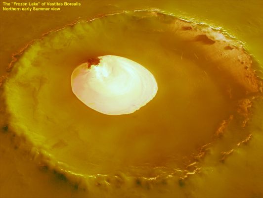 The misterious "Frozen Lake" of Vastitas Borealis (3 - False Colors; credits for the additional process. and color.: Lunar Explorer Italia)
Questa "visione" (sempre di fantasia e sempre solo sino ad un certo punto...) del Lago Ghiacciato di Vastitas si riferisce, invece, all'inizio dell'Estate Polare Marziana.
Parole chiave: Mars from orbit - Crater with Lake - Vastitas Borealis