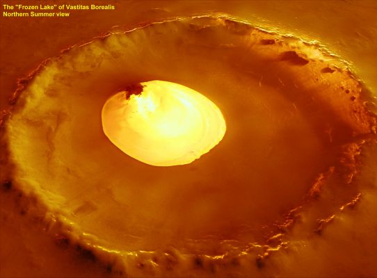 The misterious "Frozen Lake" of Vastitas Borealis (4 - Extremely Enhanced Natural Colors; credits for the additional process. and color.: Lunar Explorer Italia)
Piena Estate Polare Marziana: polveri rosse ricoprono il cratere senza nome di Vastitas Borealis e colorano, in parte, il suo "laghetto" centrale.
Da notare che, in accordo alle nostre assunzioni di partenza (ed in accordo a regole elementari di logica e di buon senso), un cielo ricco di polveri color arancio, gialle e rossastre (e dunque, di conseguenza, un cielo color rosso/arancio e giallo - di base) si dovrebbe adeguatamente riflettere con questi medesimi colori nelle acque - a questo punto ghiacciate o meno diventa indifferente - del lago di Vastitas. 

Ebbene, la regola elementare per cui le acque e/o i ghiacci superficiali, "usualmente", riflettono il colore del cielo, nel frame ESA Originale (fateci caso!) diremmo che NON trova applicazione.

Come mai? Forse abbiamo sbagliato noi...O forse l'immagine ESA è un'mmagine bella ma fasulla? O forse i suoi colori sono stati taroccati (male)?
O magari essa è frutto di incompetenza?

Oppure - chissà... - l'immagine ESA di partenza è un mix di tutte e tre le possibili (e summenzionate) variabili... Decidetelo Voi.
Parole chiave: Mars from orbit - Crater with Lake - Vastitas Borealis