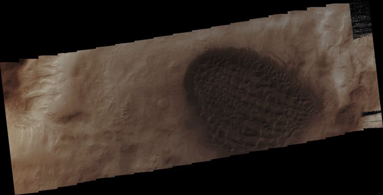 Dunefield inside Matara Crater (Enhanced Absolute Natural Colors; credits for the additional process. and color.: Dr Paolo C. Fienga - Lunexit Team)
Orbit Number: 43591 
Latitude: 49,6011° South 
Longitude: 34,7014° East 
Instrument: VIS 
Captured: October, 12th, 2011
Mars Local Time (M.L.T.): 12:04 (Early Afternoon)


Parole chiave: Mars from orbit - Dunefield - Matara Crater