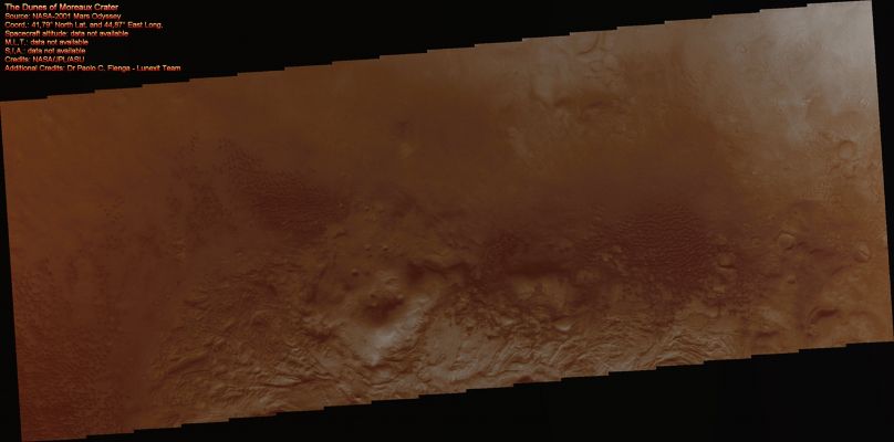 Dunes in Moreux Crater (Natural Colors; credits for the additional process. and color.: Dr Paolo C. Fienga - Lunexit Team)
nessun commento
Parole chiave: Mars from orbit - Craters - Moreux Crater