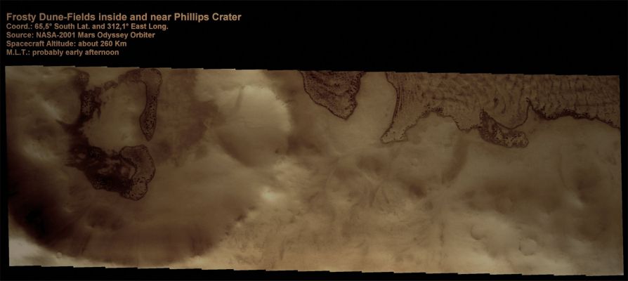 Frosty Dunefields inside and near Phillips Crater (Absolute Natural Colors; credits for the additional process. and color.: Dr Paolo C. Fienga - Lunexit Team) 
nessun commento
Parole chiave: Mars from orbit - Craters - Phillips Crater