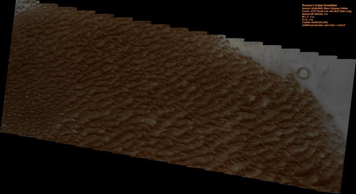 Proctor Crater (Natural Colors; credits: Lunar Explorer Italia)
nessun commento
Parole chiave: Mars from orbit - Craters - Proctor Crater