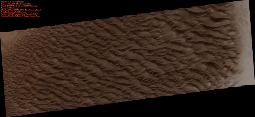 Proctor Crater's Dunefield (Natural Colors; credits for the additional process. and color.: Dr Paolo C. Fienga - Lunexit Team)
nessun commento
Parole chiave: Mars from orbit - Craters - Proctor Crater