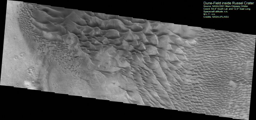 Dunefield inside Russel Crater (Original NASA/2001 Mars Odyssey Orbiter b/w Frame)
nessun commento
Parole chiave: Mars from orbit - Craters - Russel Crater